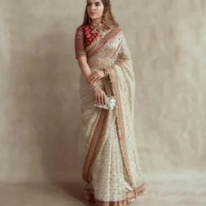 off white organza ilk with embroidery thread + sequence butti work saree