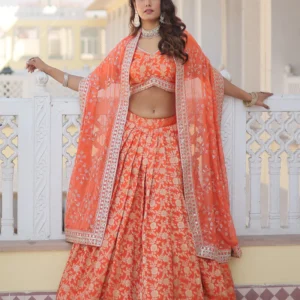 orange color pure viscose jacquard lehenga choli