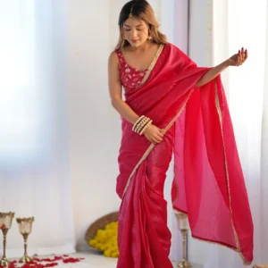 rani pink color tissue silk pre drapped saree