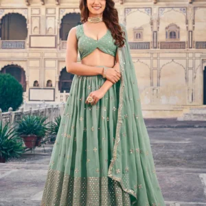 georgette wedding wear pista lehenga choli