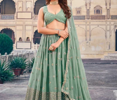 georgette wedding wear pista lehenga choli