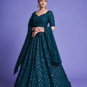 georgette engagement wear turquoise lehenga