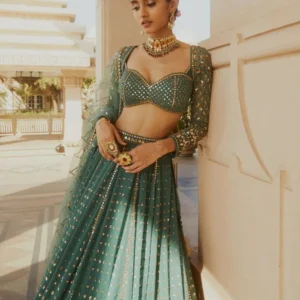 green sequin embroidered faux georgette lehenga