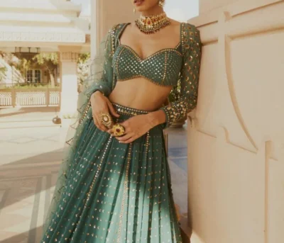 green sequin embroidered faux georgette lehenga