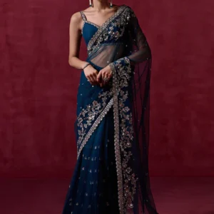 teal blue embroidered net saree