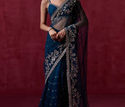 teal blue embroidered net saree